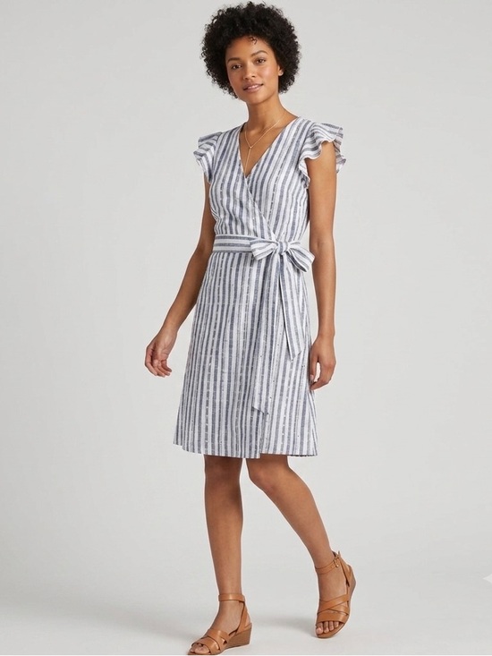 Lucky Brand Dresses & Skirts - Lucky Brand Blue White Stripe Eyelet Wrap Dress M Cotton Midi Coastal
